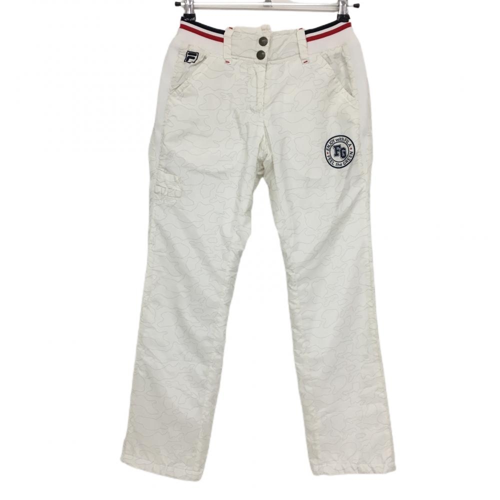 フィラゴルフ パンツ アイボリー×レッド 総柄 ウエスト一部ゴム サイド一部切替 ロゴ刺しゅう レディース S ゴルフウェア FILA GOLF