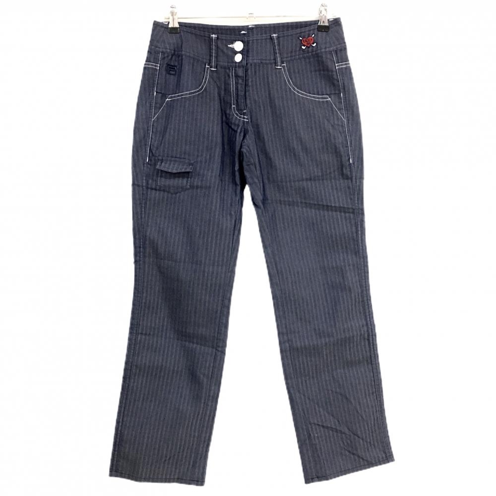 【美品】フィラゴルフ パンツ ネイビー×白 ステッチ ストライプ地模様 ステッチ  レディース L ゴルフウェア FILA GOLF