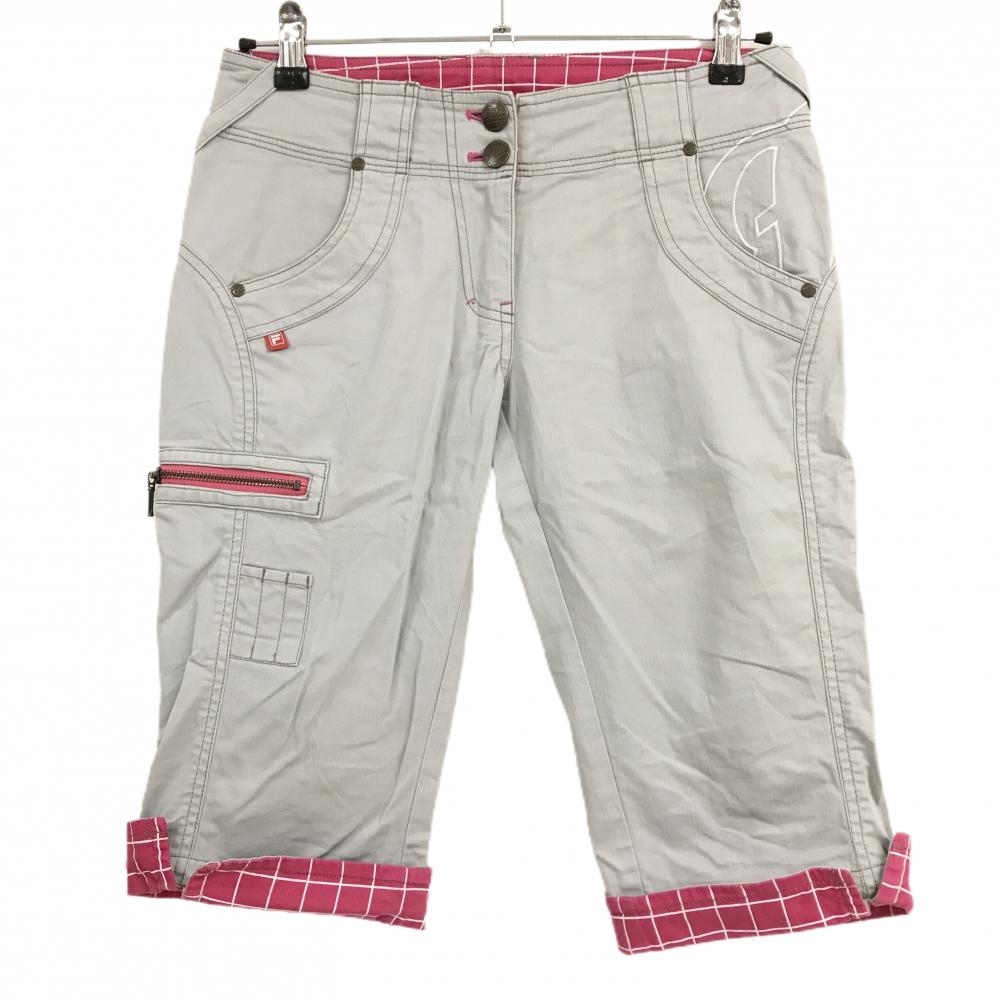 フィラゴルフ 半端丈パンツ ライトグレー×ピンク 一部格子柄 ハートワッペン レディース M ゴルフウェア FILA GOLF