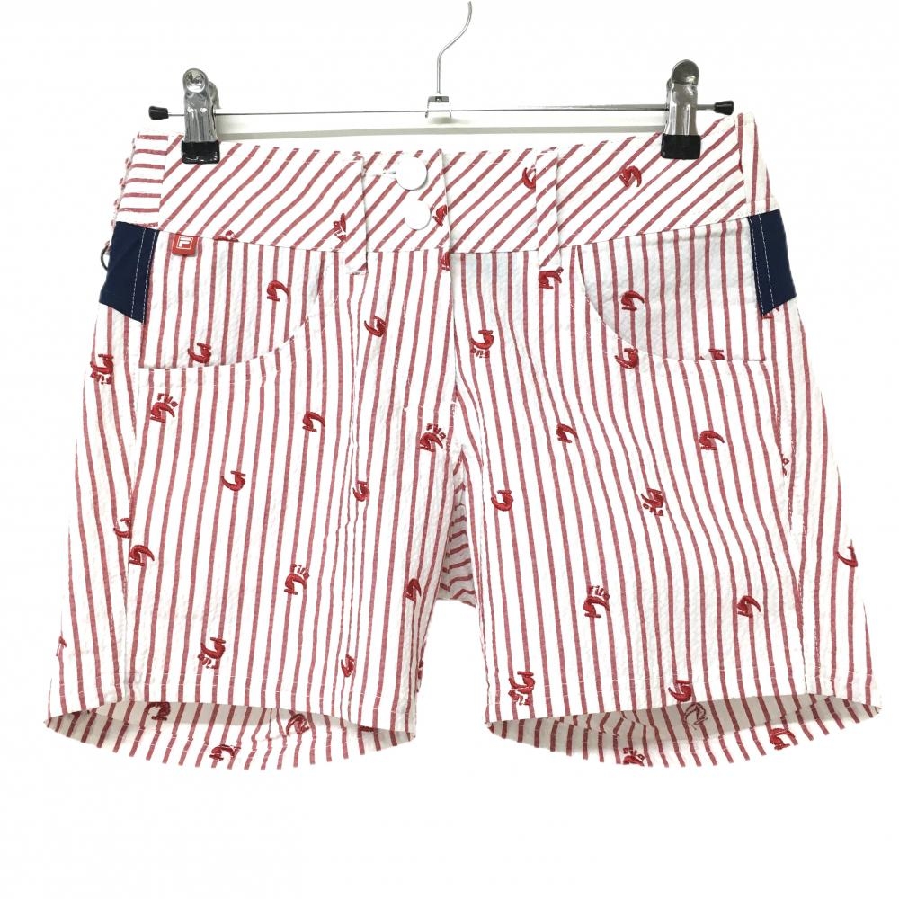 【超美品】フィラゴルフ ショートパンツ 白×レッド ストライプ 総柄刺しゅう レディース M ゴルフウェア FILA GOLF