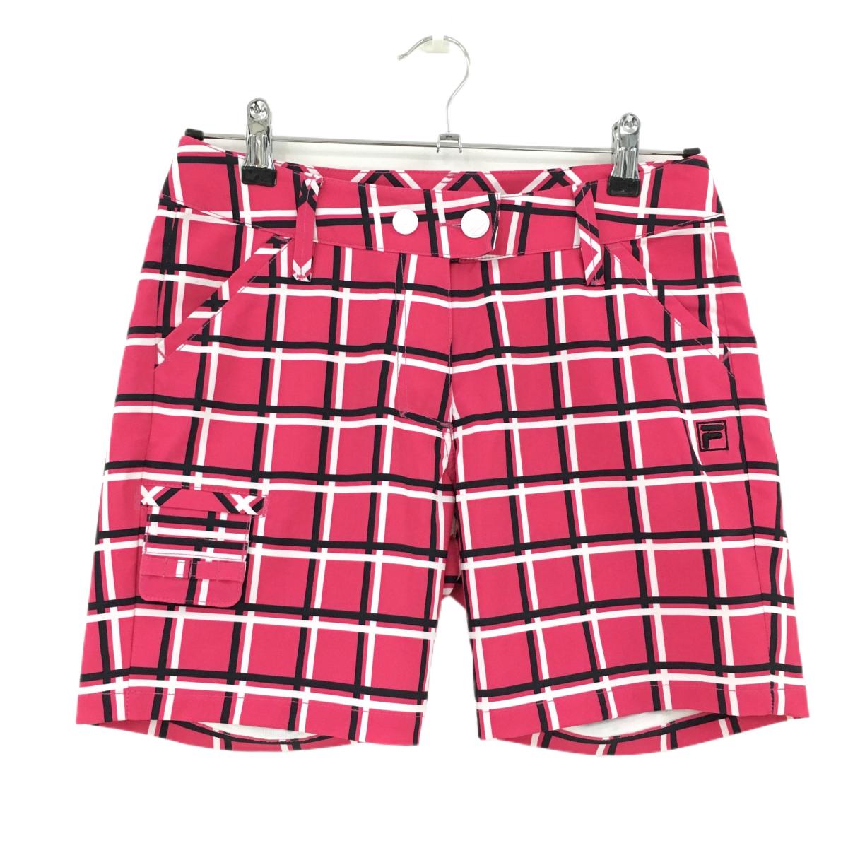 【超美品】フィラゴルフ ショートパンツ ピンク×白 チェック ロゴ刺しゅう レディース M ゴルフウェア FILA GOLF