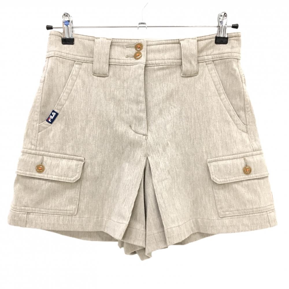【美品】フィラゴルフ ショートパンツ ライトブラウン 織生地 ストレッチ ロゴ刺しゅう ポケット複数 レディース S ゴルフウェア FILA GOLF