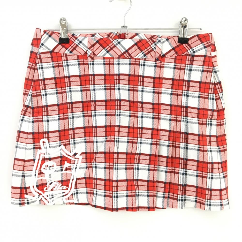 【美品】フィラゴルフ ストレッチスカート レッド×白 チェック柄 一部プリーツ レディース L ゴルフウェア FILA GOLF