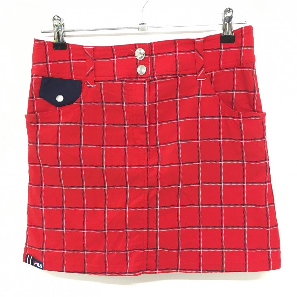 【超美品】フィラゴルフ ストレッチスカート レッド×ネイビー チェック柄 内側インナーパンツ  レディース M ゴルフウェア FILA GOLF