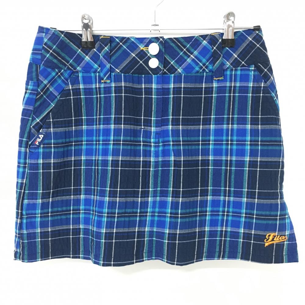 【美品】フィラゴルフ スカート ネイビー×ブルー チェック サッカー生地調 内側インナーパンツ レディース L ゴルフウェア FILA GOLF