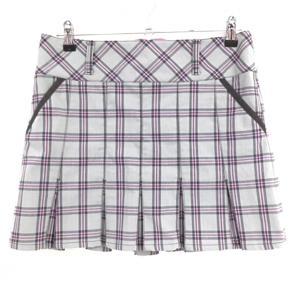 【超美品】フィラゴルフ ボックスプリーツスカート ライトグレー×パープル チェック レディース L ゴルフウェア FILA GOLF