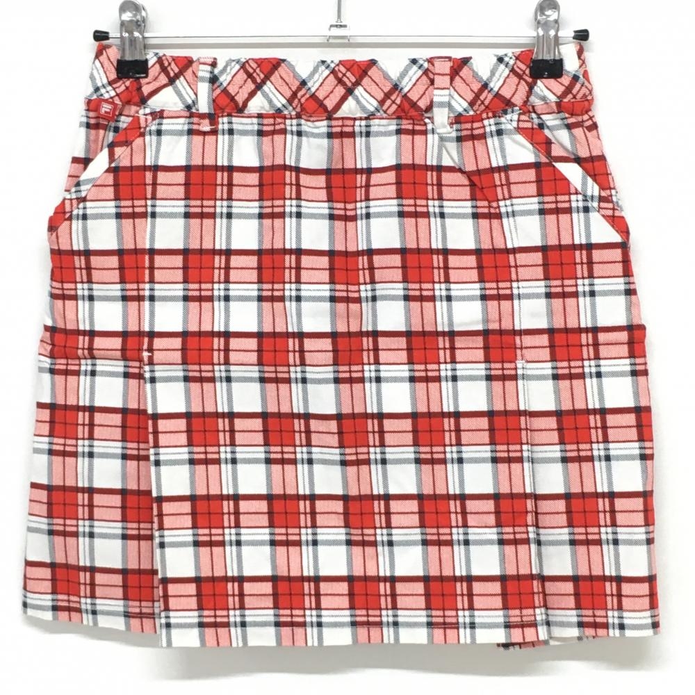 【美品】フィラゴルフ スカート レッド×白 チェック ウエストゴム レディース M ゴルフウェア FILA GOLF