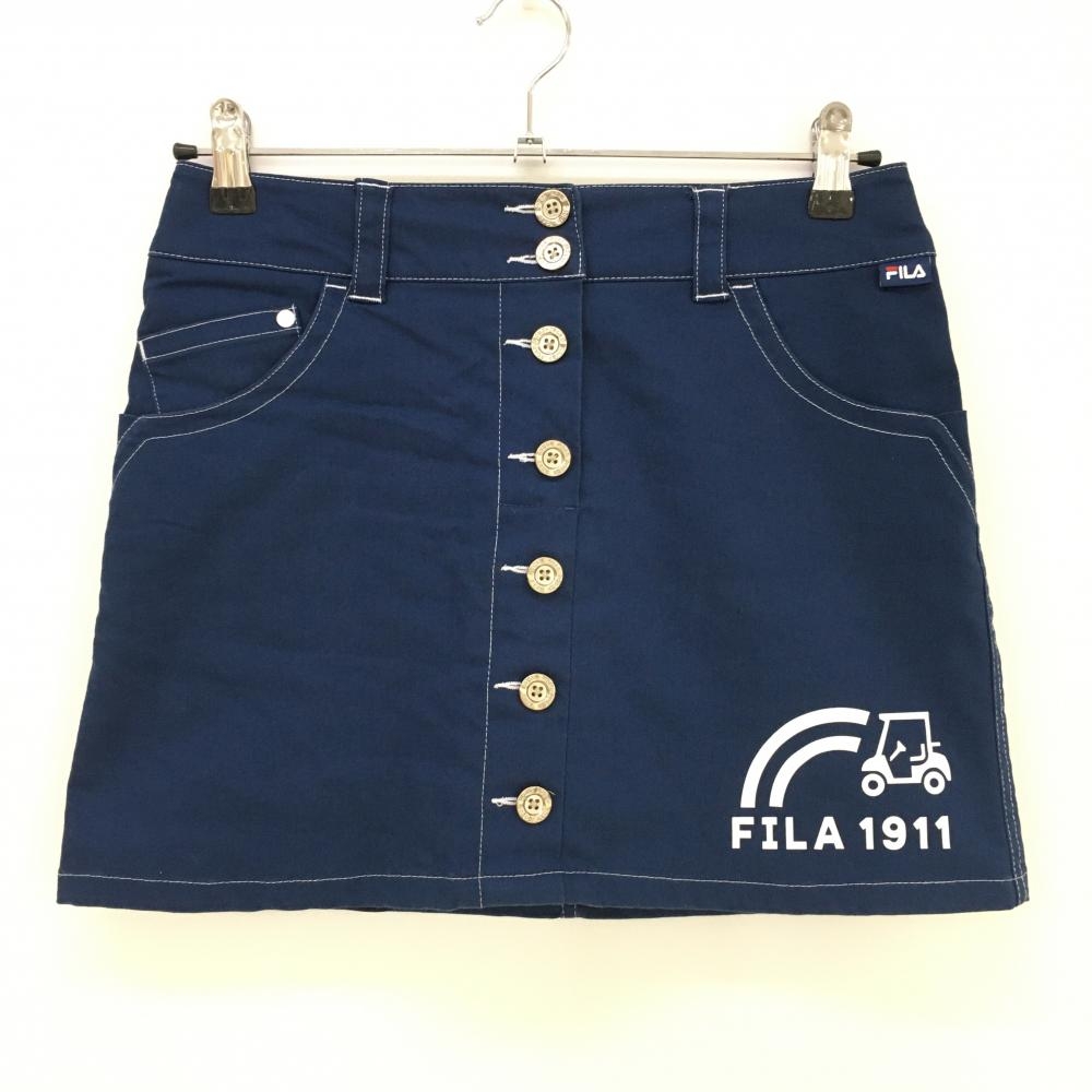 【超美品】フィラゴルフ スカート ネイビー×白 ステッチ ストレッチ 内側インナーパンツ レディース M ゴルフウェア FILA GOLF