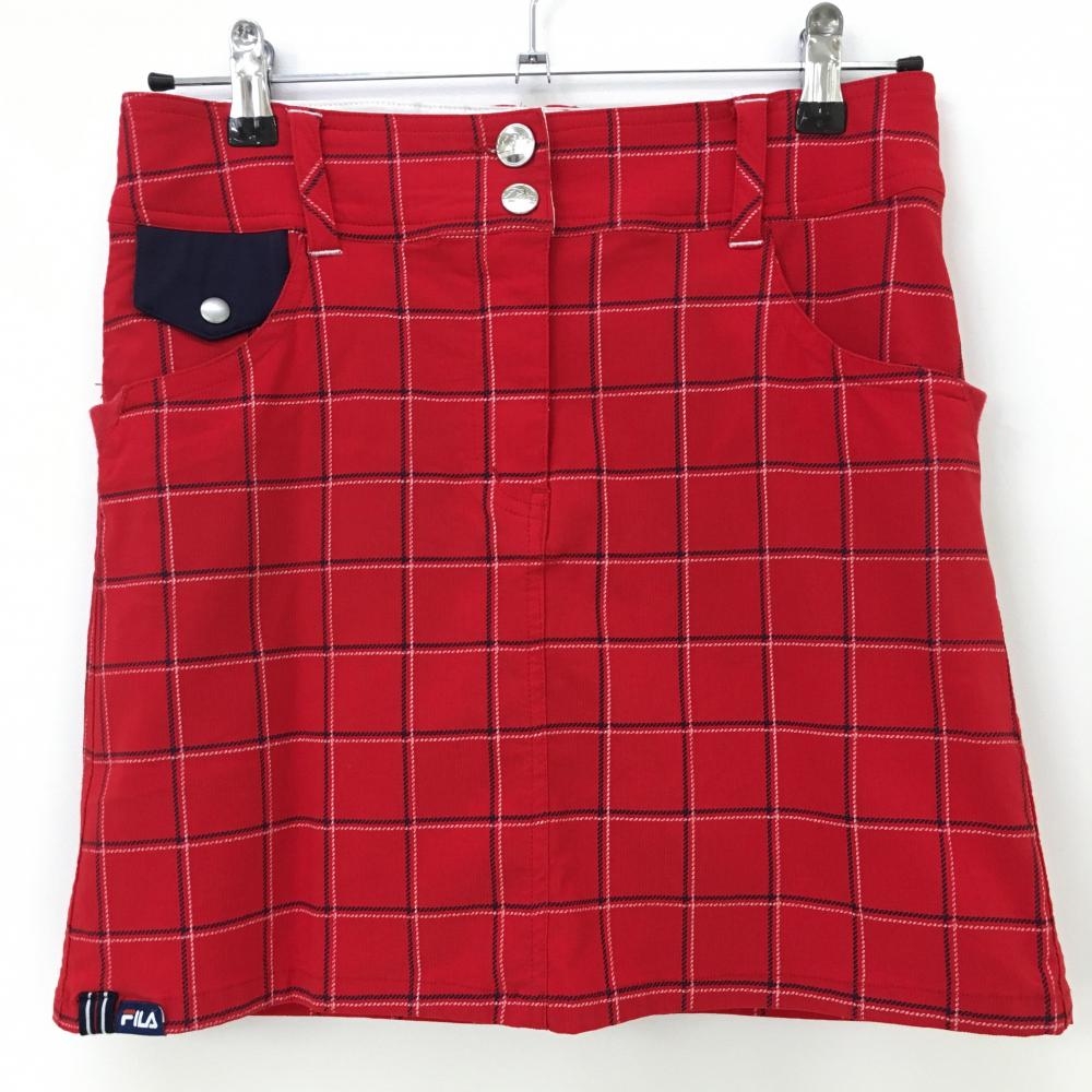 【超美品】フィラゴルフ スカート レッド×ネイビー×白 チェック 内側インナーパンツ付 レディース M ゴルフウェア FILA GOLF