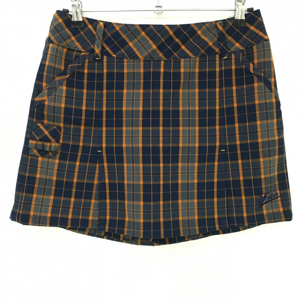 【超美品】フィラゴルフ スカート ネイビー×オレンジ チェック 内側インナーパンツ付き レディース L ゴルフウェア FILA GOLF