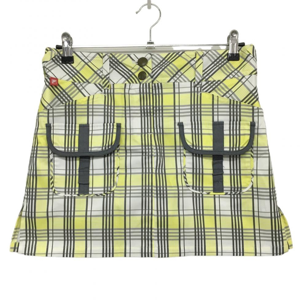 【美品】フィラゴルフ スカート イエロー×白×グレー チェック 内側インナーパンツ レディース L ゴルフウェア FILA GOLF