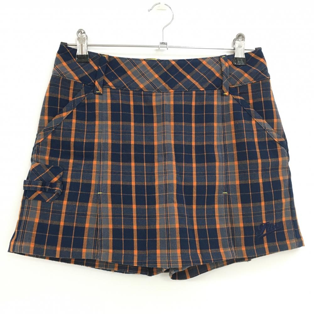 【超美品】フィラゴルフ スカート ネイビー×オレンジ チェック ティー装着可 内側インナーパンツ レディース S ゴルフウェア FILA GOLF
