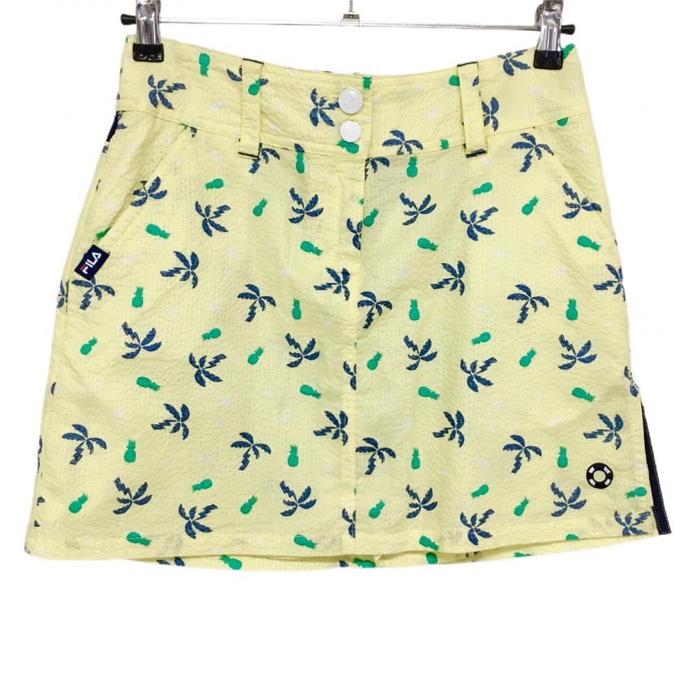 【超美品】フィラゴルフ スカート イエロー×ネイビー サッカー生地 ヤシの木 パイナップル レディース M ゴルフウェア FILA GOLF