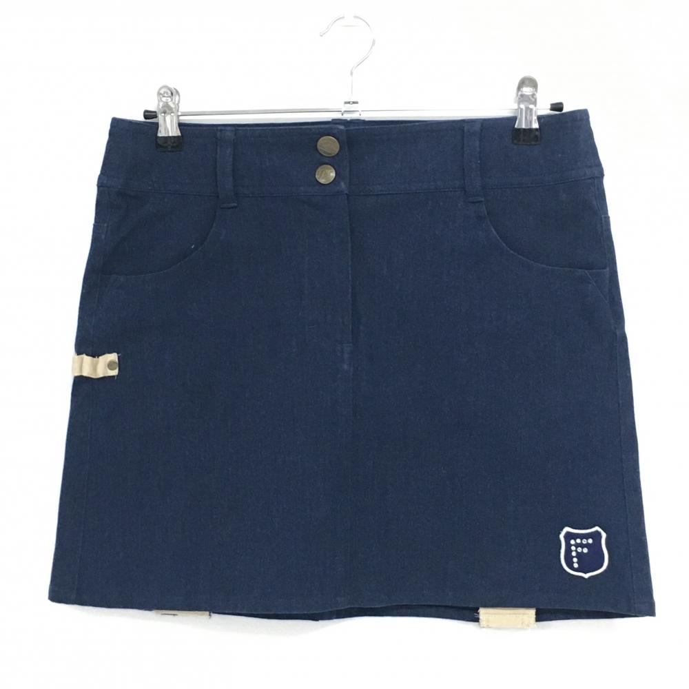 【超美品】フィラゴルフ スカート ネイビー×ベージュ デニム調 ティー装着可 ラインストーン レディース Ｌ ゴルフウェア FILA GOLF