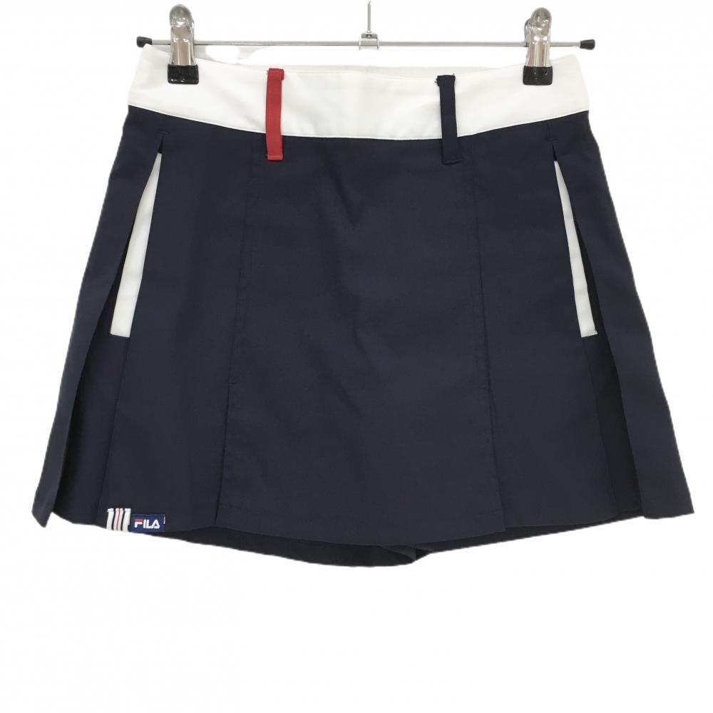【超美品】フィラゴルフ スカート ネイビー×白 サイドボックスプリーツ 内側インナーパンツ  レディース S ゴルフウェア FILA GOLF