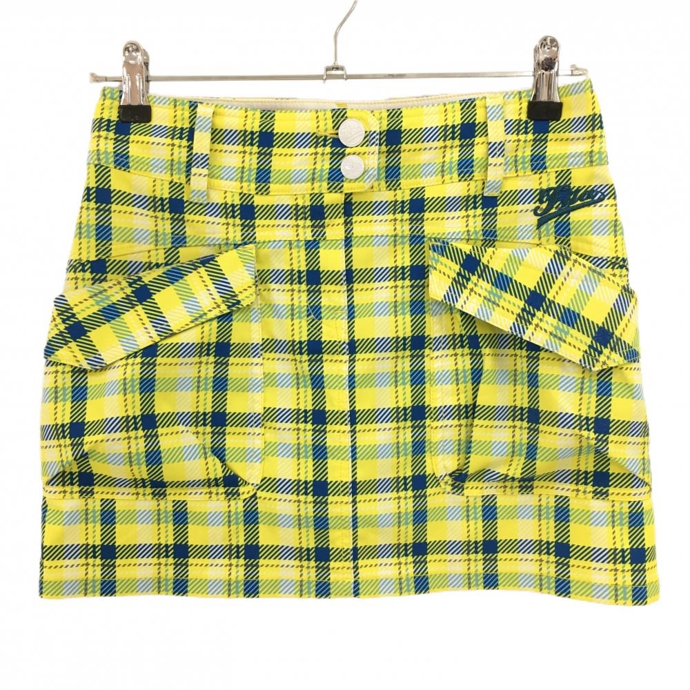 【美品】フィラゴルフ スカート イエロー×ブルー チェック柄 ロゴ刺しゅう 内側インナーパンツ レディース S ゴルフウェア FILA GOLF