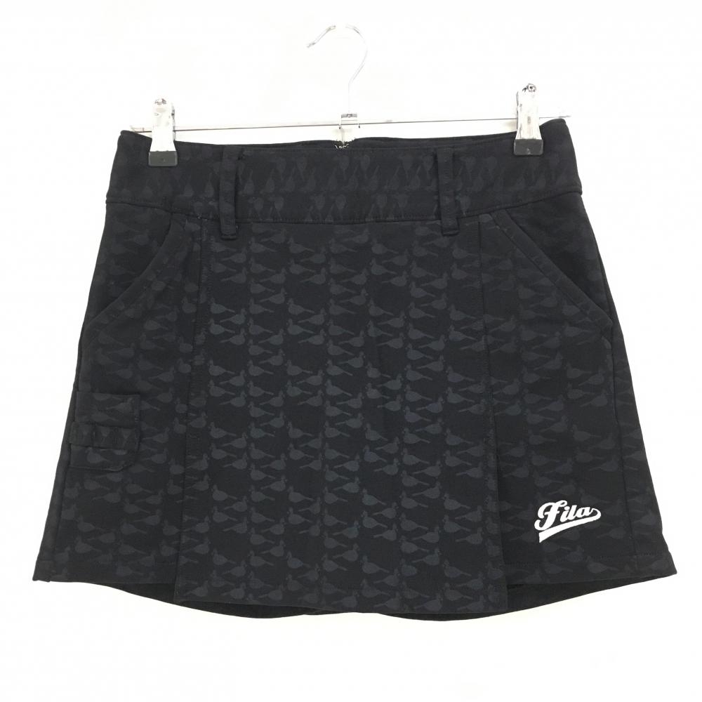 【超美品】フィラゴルフ ストレッチスカート 黒×グレー 鳥柄 裏微起毛 ティー装着可 レディース S ゴルフウェア FILA GOLF