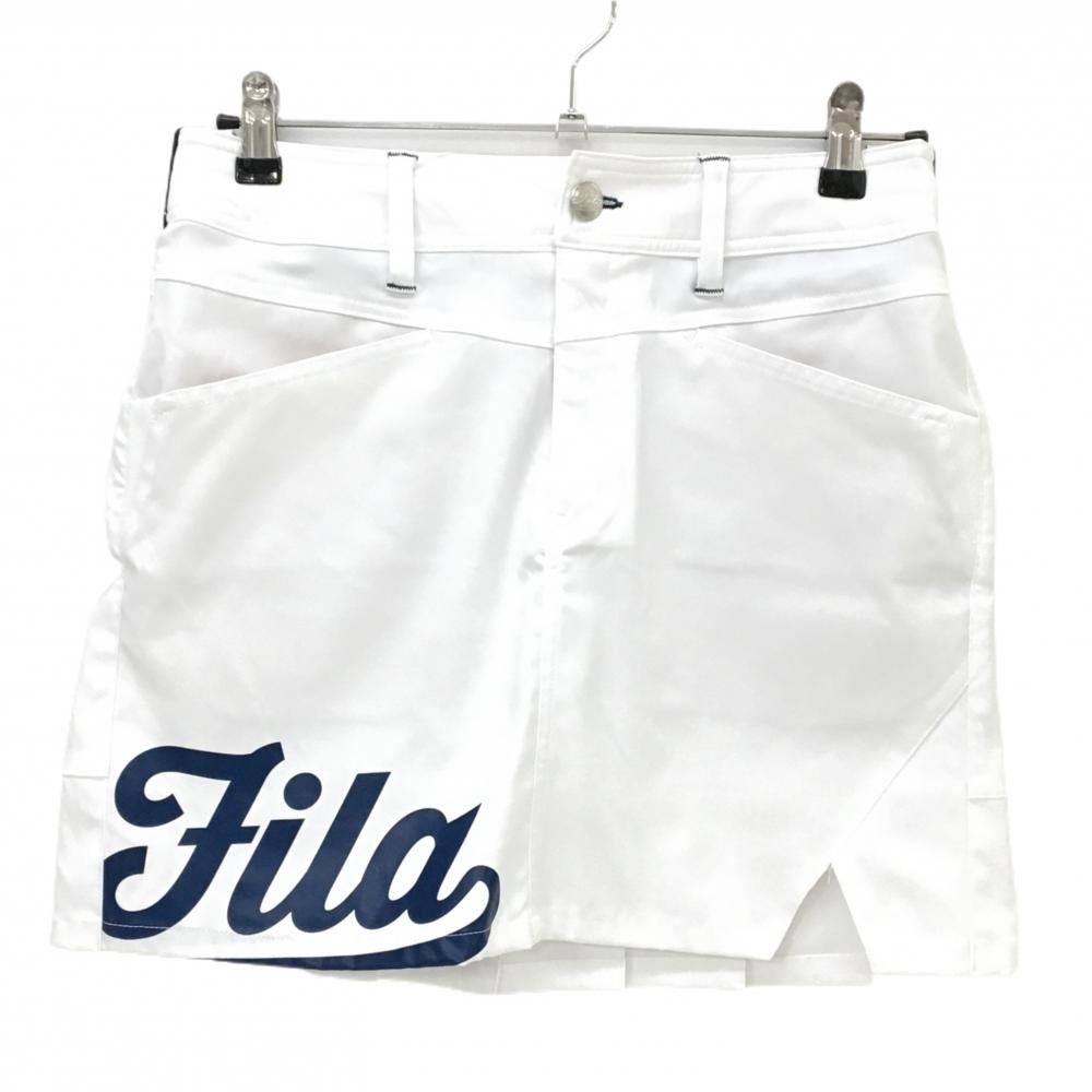 【美品】フィラゴルフ スカート 白×ネイビー 後ろ裾プリーツ ロゴプリント  レディース L ゴルフウェア FILA GOLF