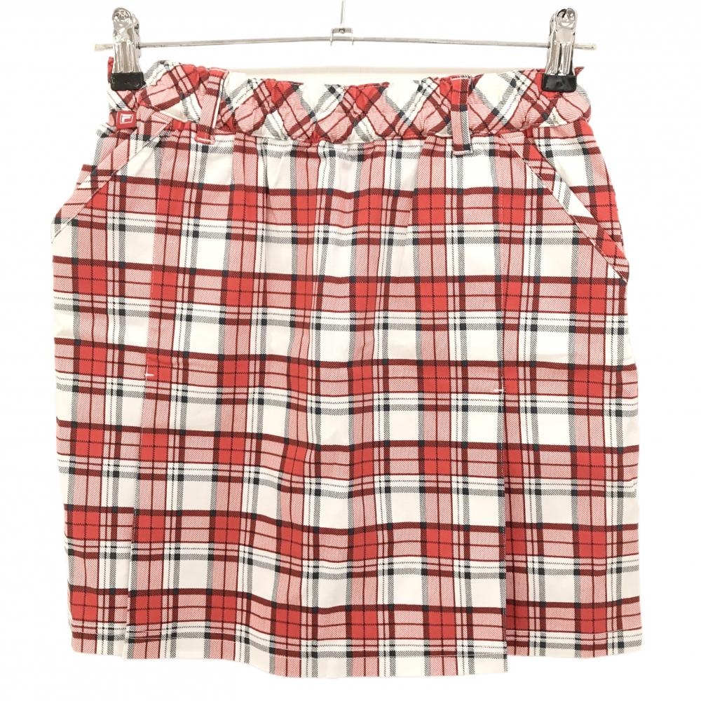 【超美品】フィラゴルフ ボックスプリーツスカート 白×レッド チェック柄 ウエストゴム レディース M ゴルフウェア FILA GOLF