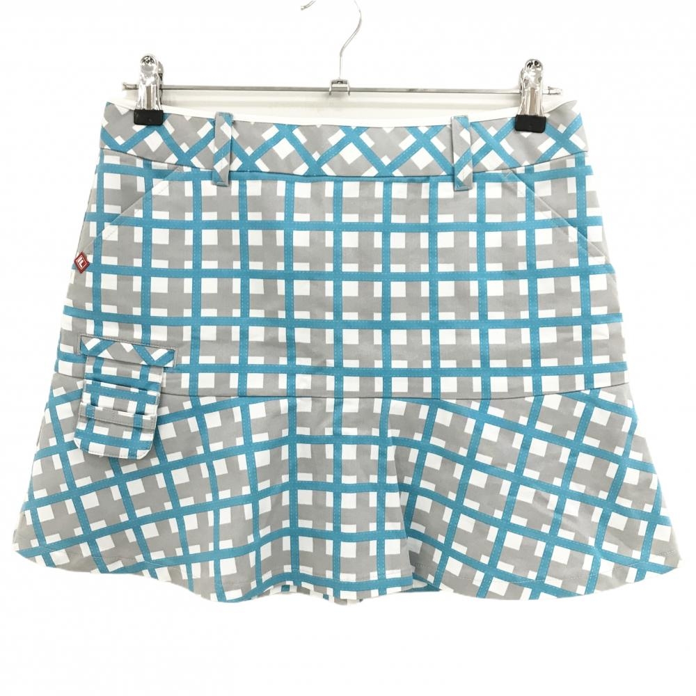 【超美品】フィラゴルフ スカート グレー×白×ブルー チェック ロゴ刺しゅう コットン混 レディース L ゴルフウェア FILA GOLF