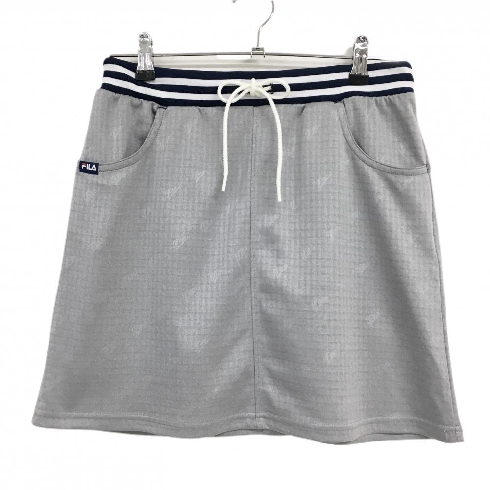 【美品】フィラゴルフ スカート グレー 格子柄地模様 ロゴ総柄 ウエストゴム レディース M ゴルフウェア FILA GOLF