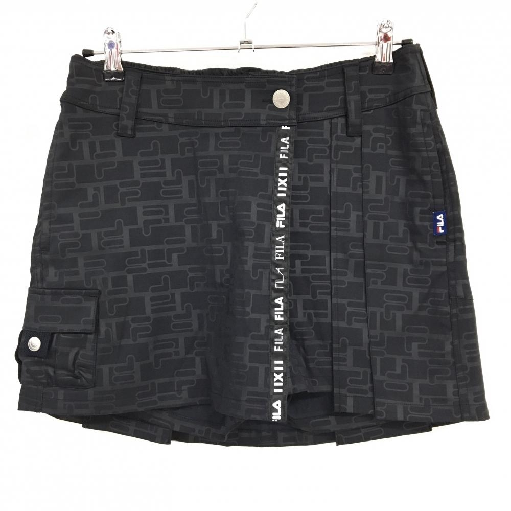【超美品】フィラゴルフ スカート 黒 ロゴ総柄地模様 内側インナーパンツ  レディース L ゴルフウェア FILA GOLF