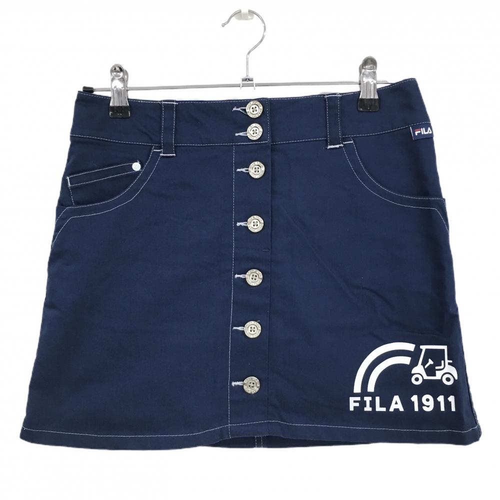 【美品】フィラゴルフ スカート ネイビー×白 カートプリント ステッチ  レディース M ゴルフウェア FILA GOLF