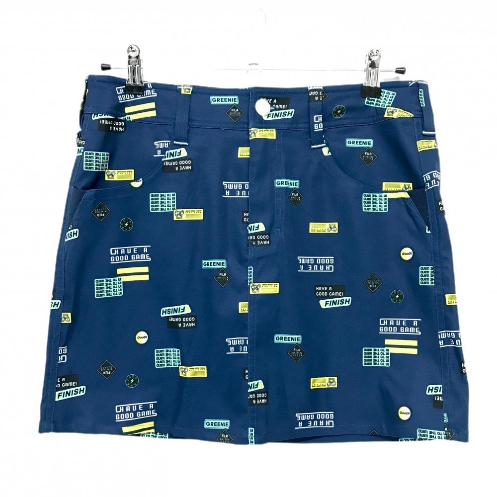 【超美品】フィラゴルフ スカート ネイビー×イエロー 総柄 ストレッチ レディース L ゴルフウェア FILA GOLF