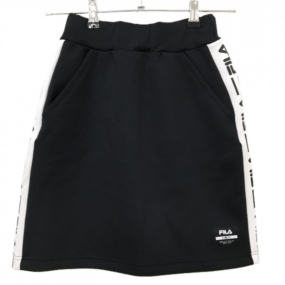 【超美品】フィラゴルフ スカート 黒×白 サイドロゴライン ストレッチ ウエストゴム レディース S ゴルフウェア FILA GOLF