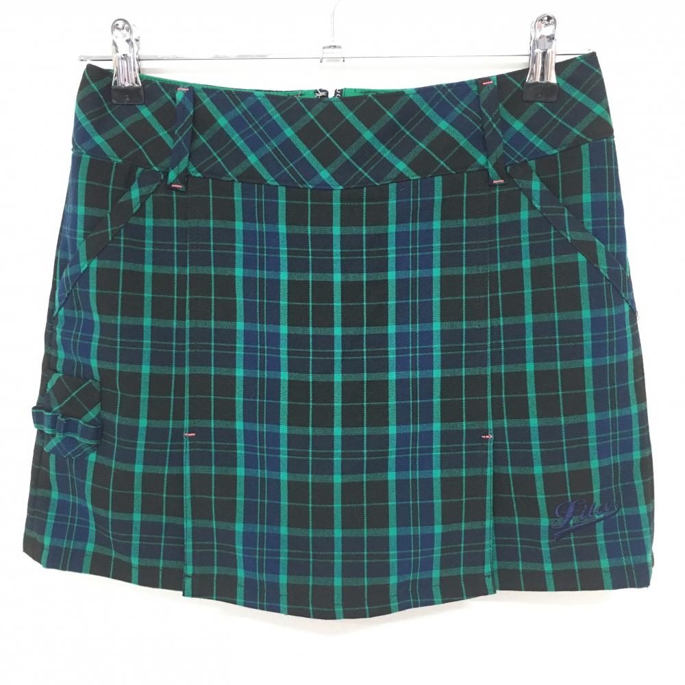 【超美品】フィラゴルフ キュロットスカート 黒×グリーン チェック柄 ティー装着可  レディース S ゴルフウェア FILA GOLF