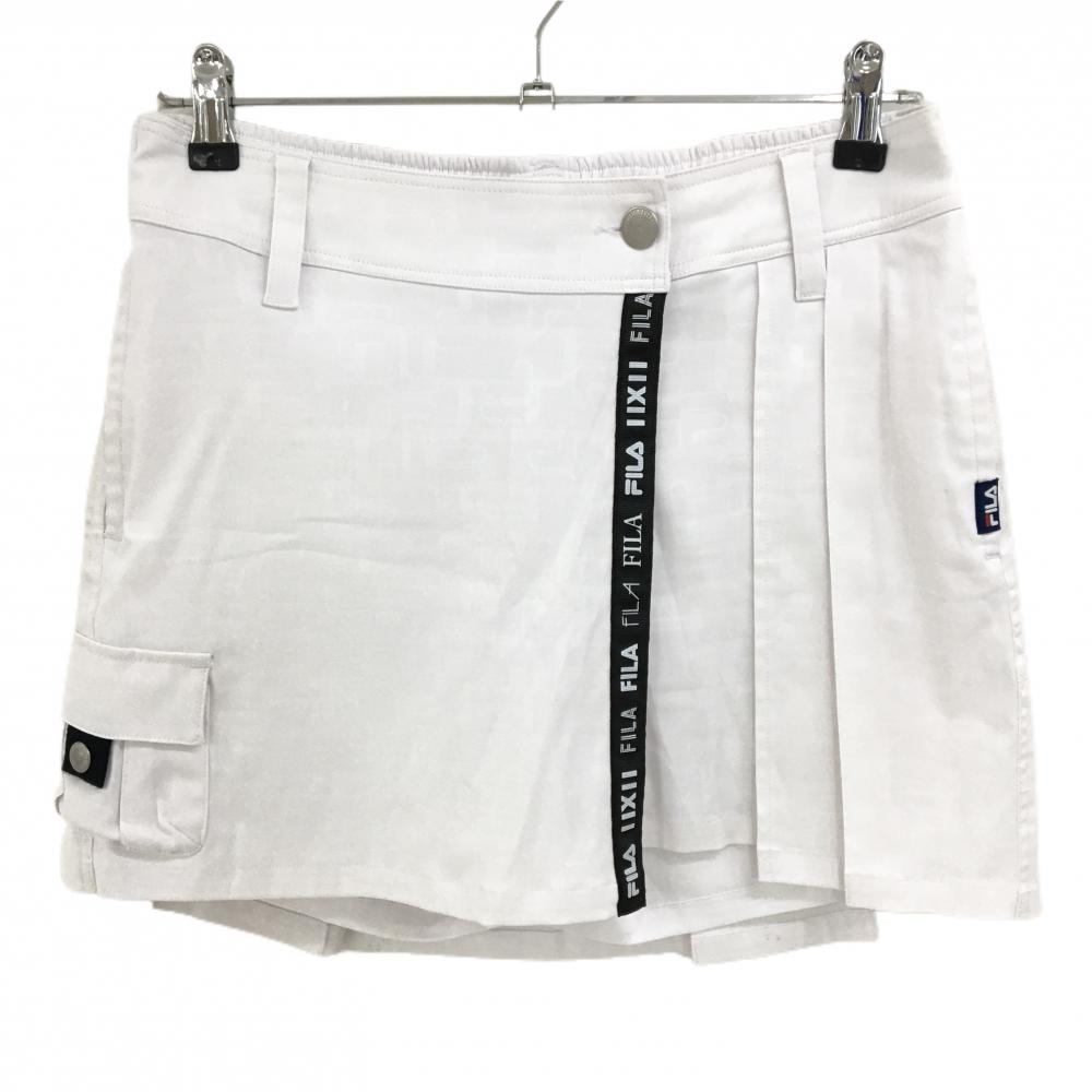 フィラゴルフ キュロットスカート 白 ロゴ総柄 一部プリーツ ウエスト後ろゴム レディース L ゴルフウェア FILA GOLF