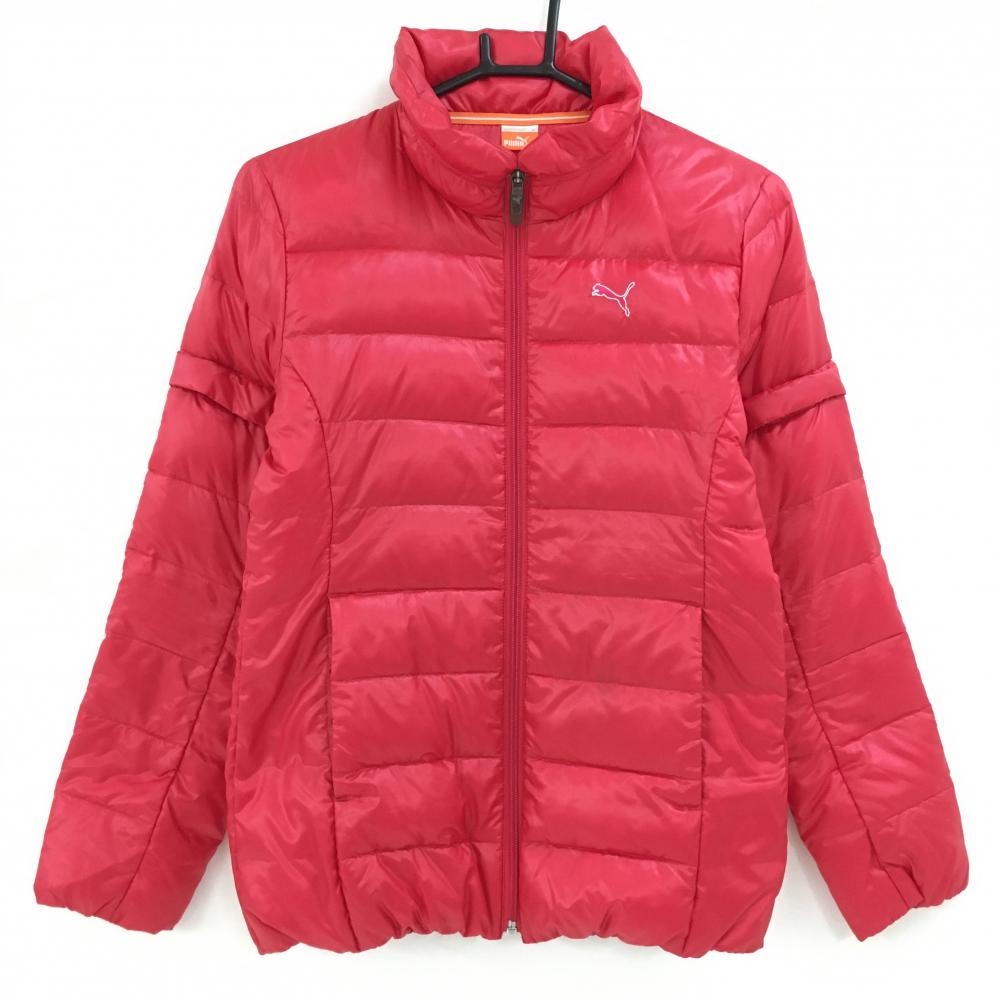【美品】プーマ 2WAYダウンジャケット ピンクレッド ロゴ刺しゅう 袖着脱可 レディース M ゴルフウェア サンプル品 PUMA