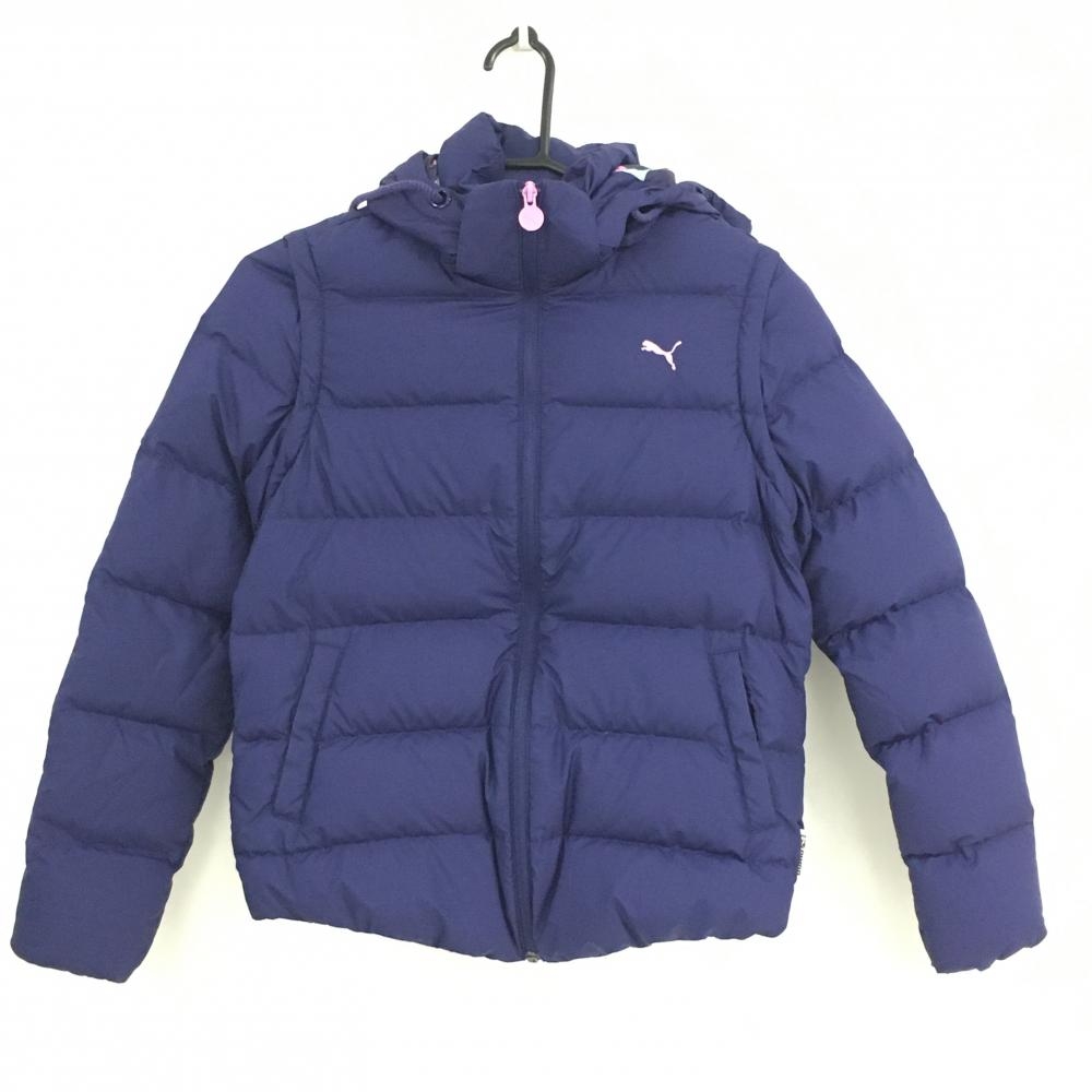 【美品】プーマ 4WAYダウンジャケット ネイビー フード裏ドット 軽量 袖・フード着脱可 レディース M ゴルフウェア PUMA