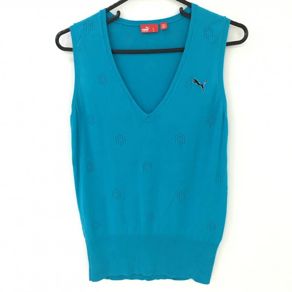 【美品】プーマ ニットベスト ブルー Vネック コットン混 レディース L ゴルフウェア PUMA