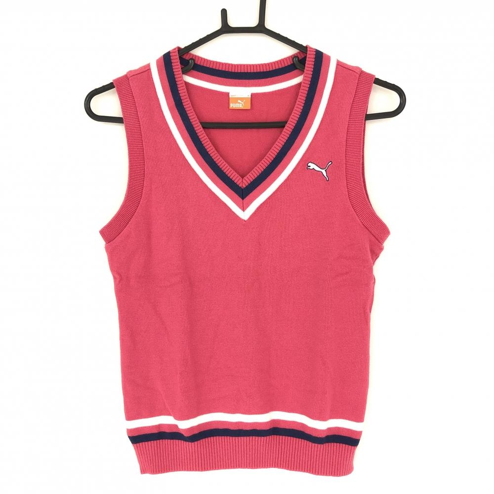 【美品】プーマ ニットベスト ピンク×白 Vネック コットン混  レディース M ゴルフウェア PUMA