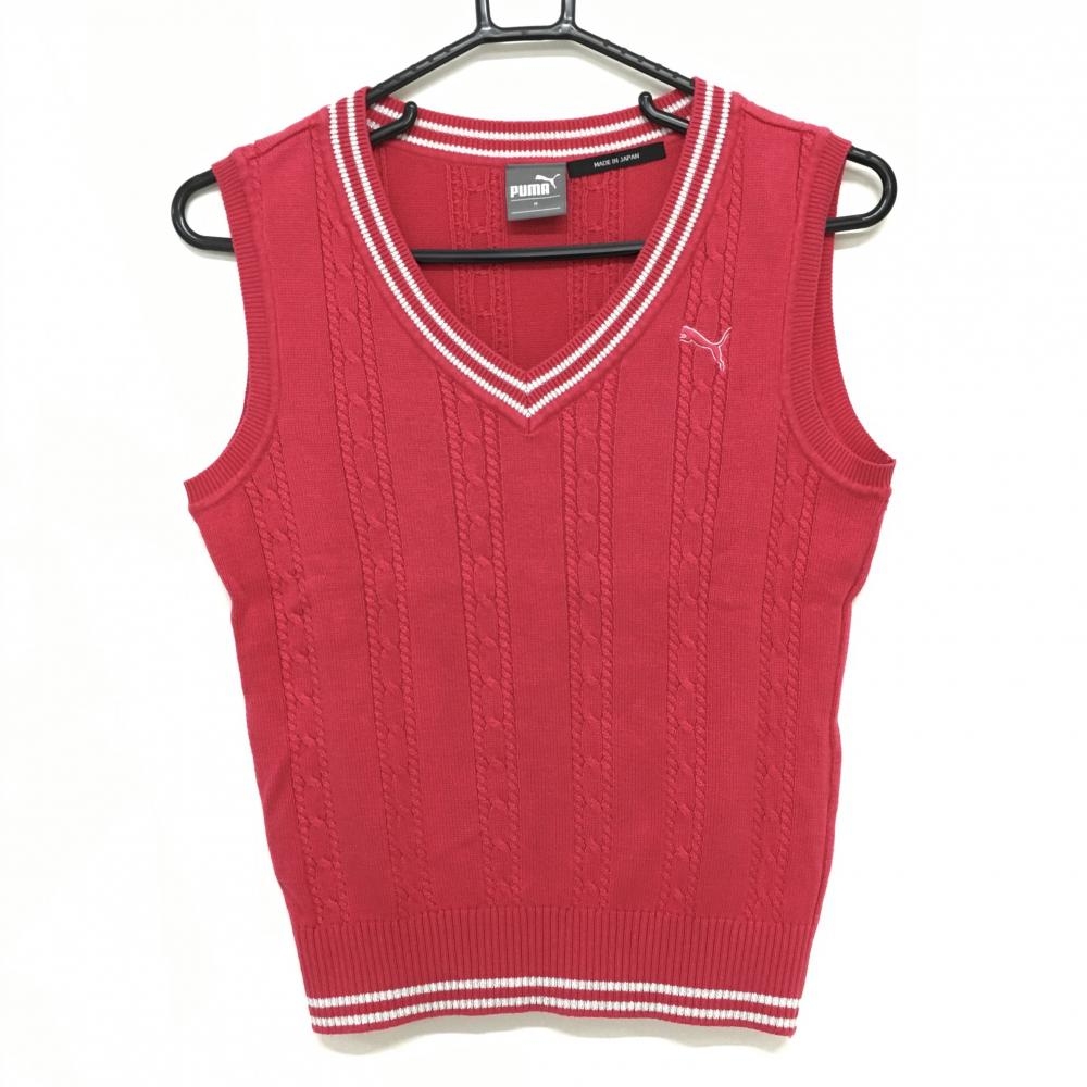 【美品】プーマ ベスト ピンク×白 Vネック ケーブル編み ラメ糸 ロゴ刺しゅう レディース M ゴルフウェア PUMA
