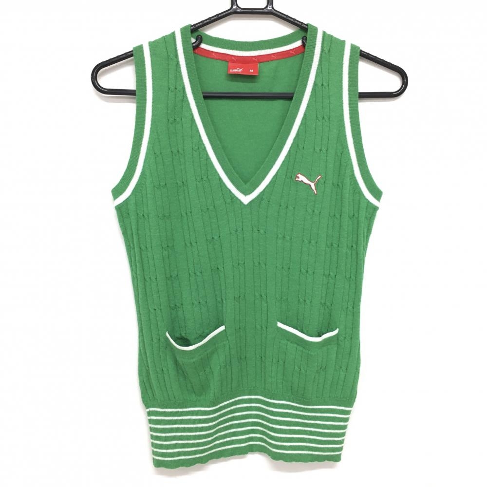 【美品】プーマ ニットベスト グリーン×白 Vネック 裾ボーダー ロゴ刺しゅう  レディース M ゴルフウェア PUMA