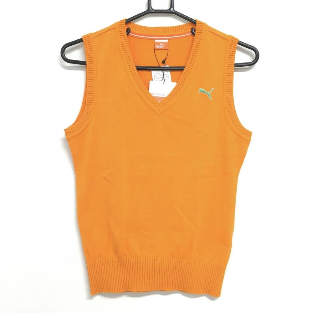 【新品】プーマ ニットベスト オレンジ アクリル混 Vネック ロゴ刺しゅう レディース M ゴルフウェア PUMA