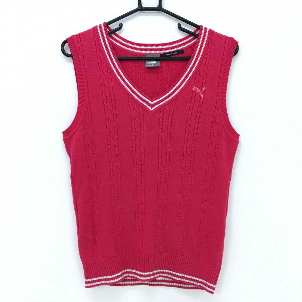 【超美品】プーマ ニットベスト ピンク ケーブル編み アクリル混 Vネック ラメ レディース XL ゴルフウェア PUMA