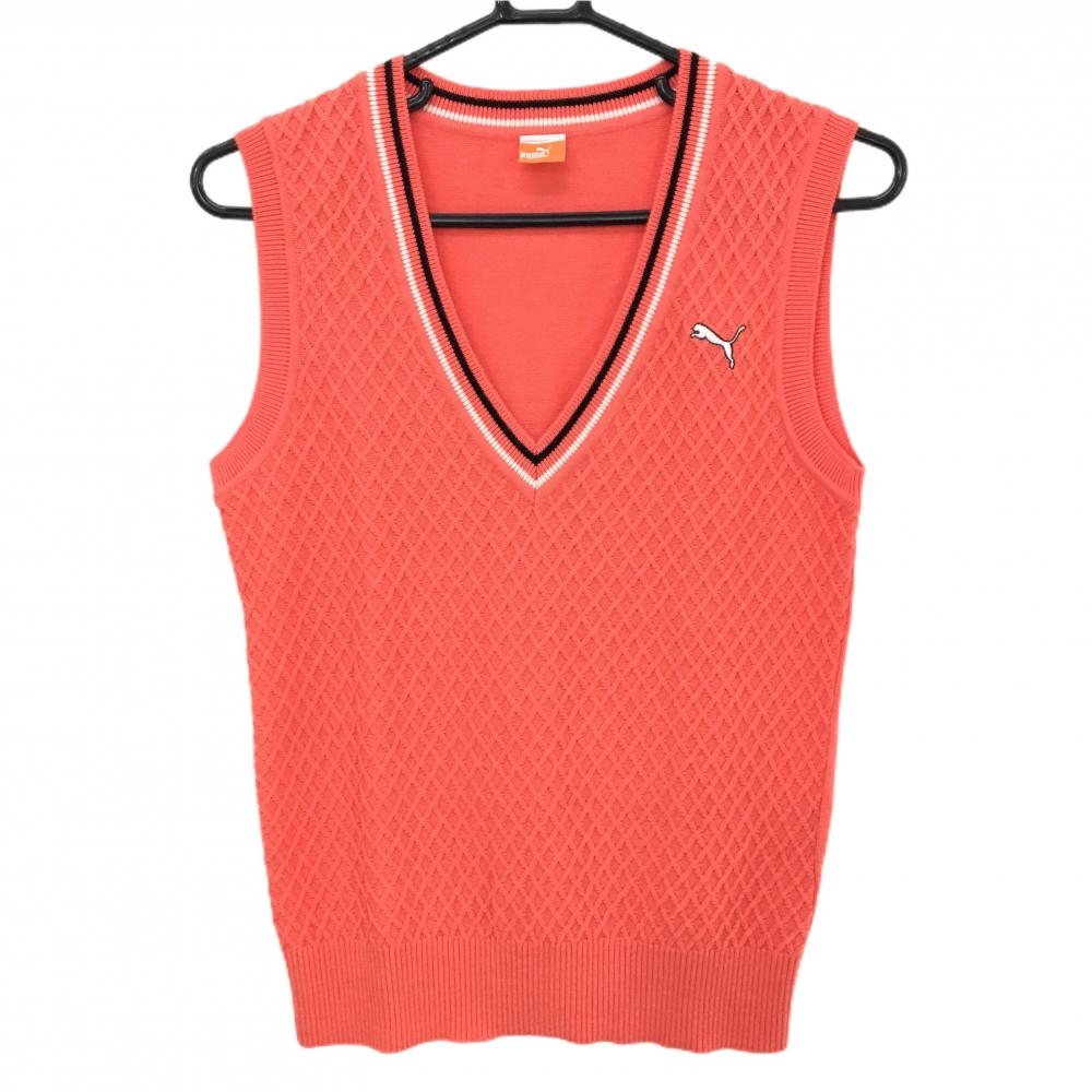 【超美品】プーマ ニットベスト サーモンオレンジ 前面ダイヤ柄編み ウール混  レディース L ゴルフウェア PUMA