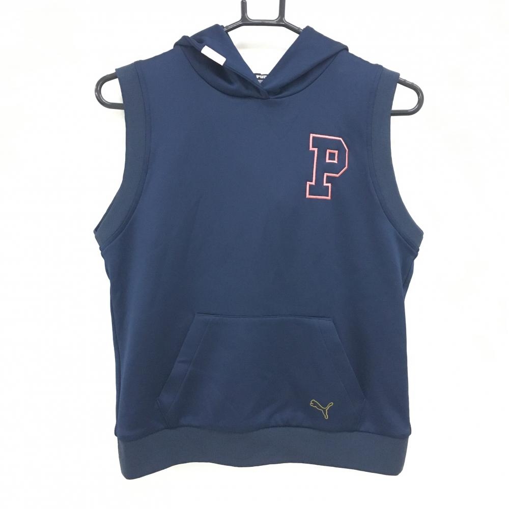 【超美品】プーマ フード付ベスト ネイビー×ピンク ロゴ刺しゅう レディース M ゴルフウェア PUMA