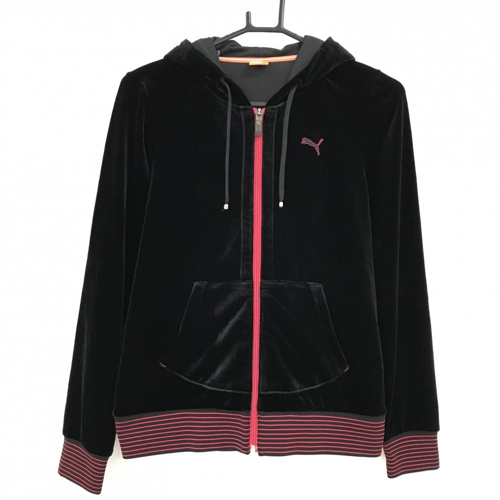 【美品】プーマ ジップパーカー 黒×ピンク ベロア調 リブボーダー レディース M ゴルフウェア PUMA