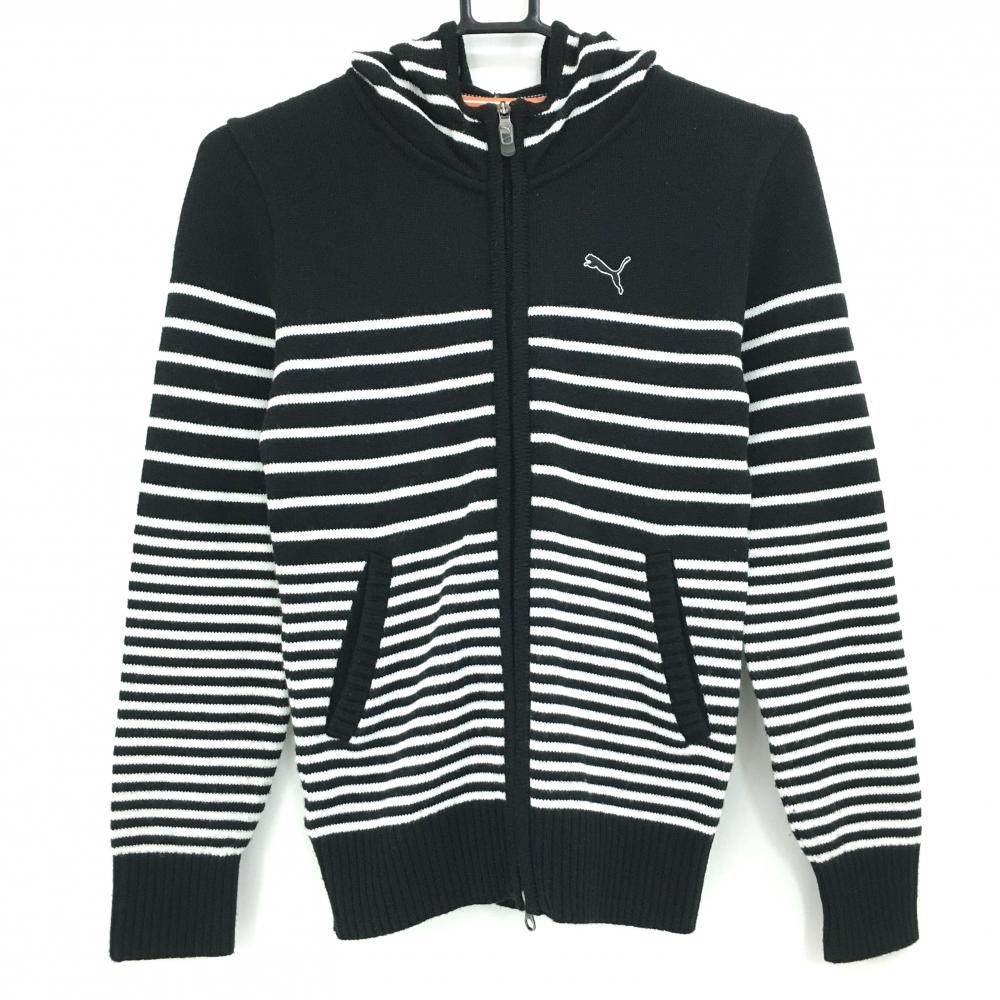 【美品】プーマ ニットジップパーカー 黒×白 パネルボーダー ウール混  レディース S ゴルフウェア PUMA