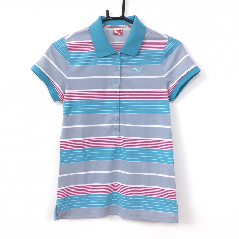 【美品】PUMA プーマ 半袖ポロシャツ ブルー×ピンク ボーダー柄 総柄 スナップボタン レディース Ｓ ゴルフウェア