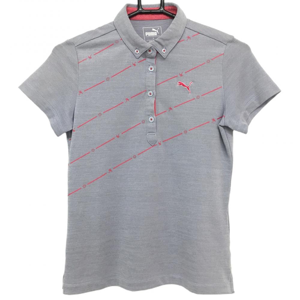 【超美品】プーマ 半袖ポロシャツ グレー×ピンク ロゴ刺しゅう ボタンダウン  レディース S ゴルフウェア PUMA