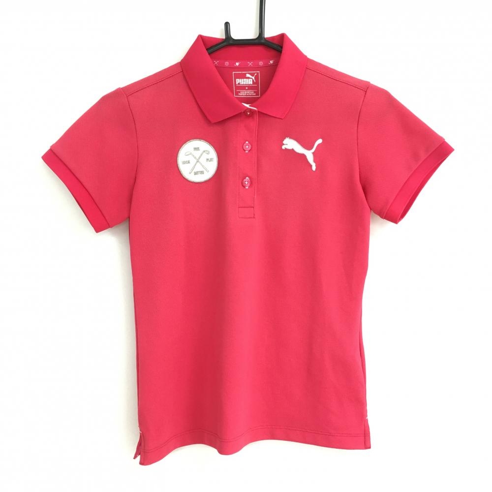 【美品】プーマ 半袖ポロシャツ レッドピンク ロゴ刺しゅう ワッペン レディース M ゴルフウェア PUMA