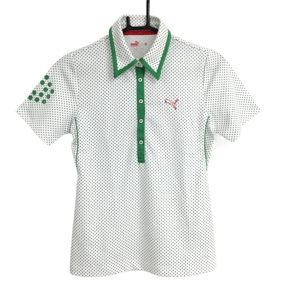 【超美品】プーマ 半袖ポロシャツ 白×グリーン ドット柄 ロゴ刺しゅう レディース M ゴルフウェア PUMA