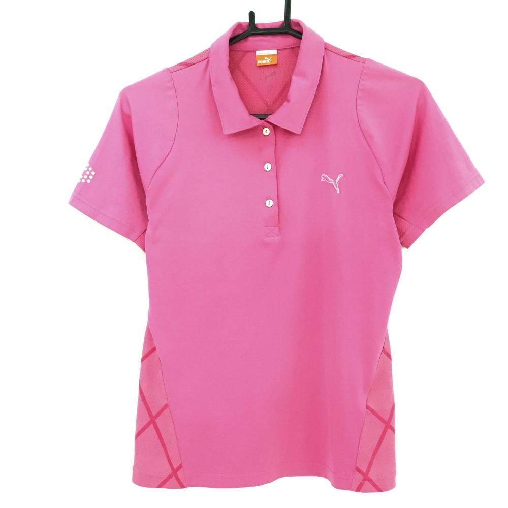 【美品】プーマ 半袖ポロシャツ ピンク 背面メッシュ ダイヤ柄 レディース L ゴルフウェア PUMA