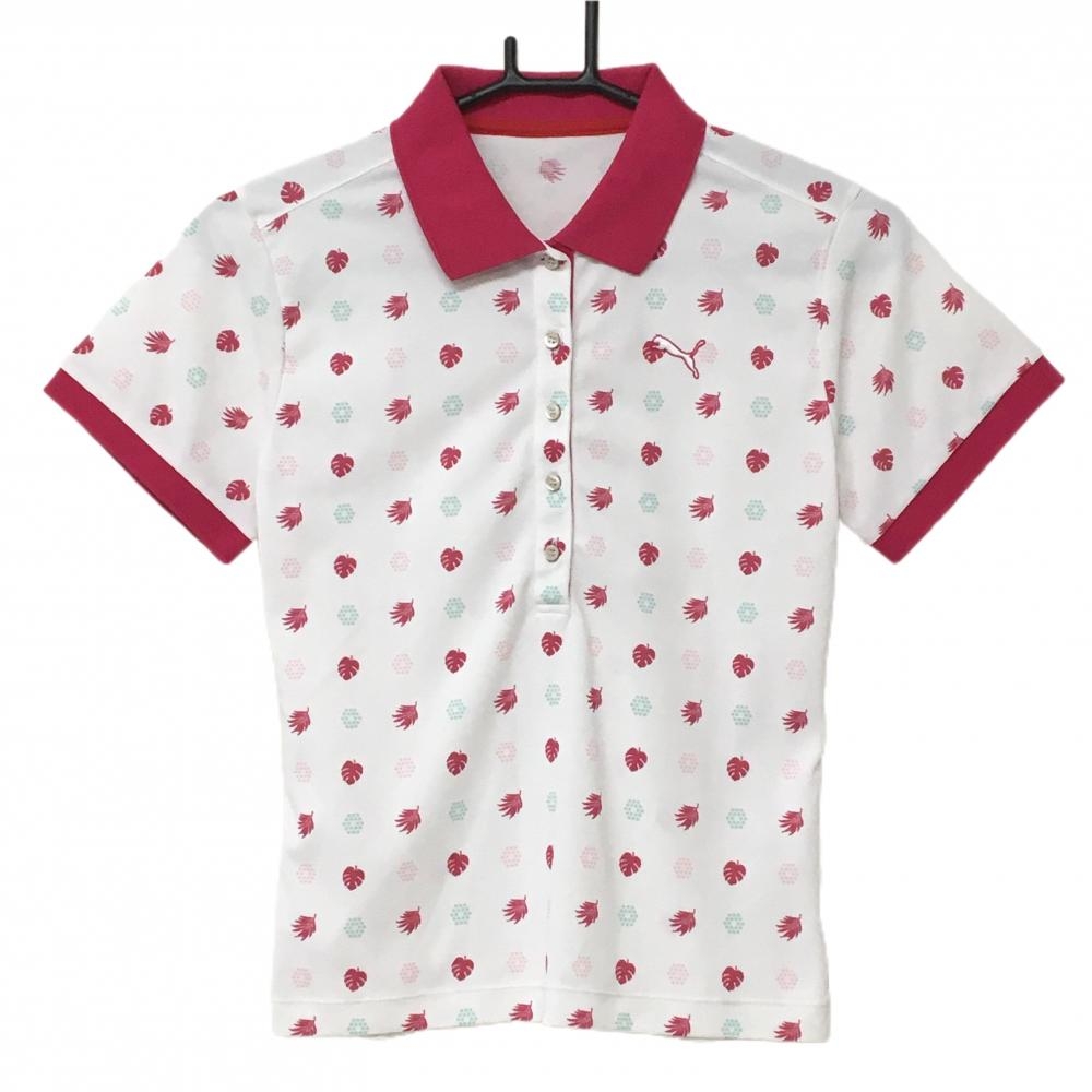 【美品】プーマ 半袖ポロシャツ 白×ピンク 総柄 ロゴ刺しゅう レディース M ゴルフウェア PUMA