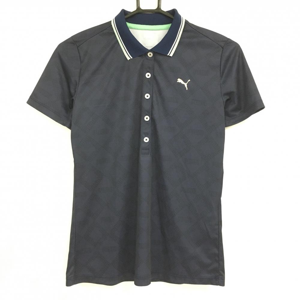 【超美品】プーマ 半袖ポロシャツ　ダークネイビー×黒 総柄 襟ライン 胸ロゴプリント レディース L ゴルフウェア PUMA